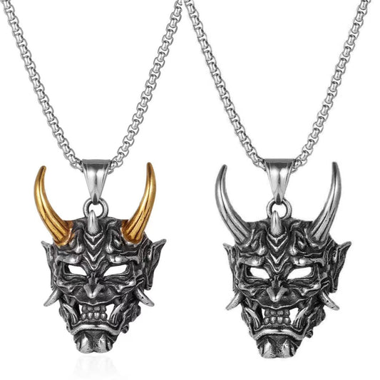 Golden Horn Ghost Face Necklace Fashion Personality Samurai Mask Ghost Face Stainless Steel Necklace Jewelry