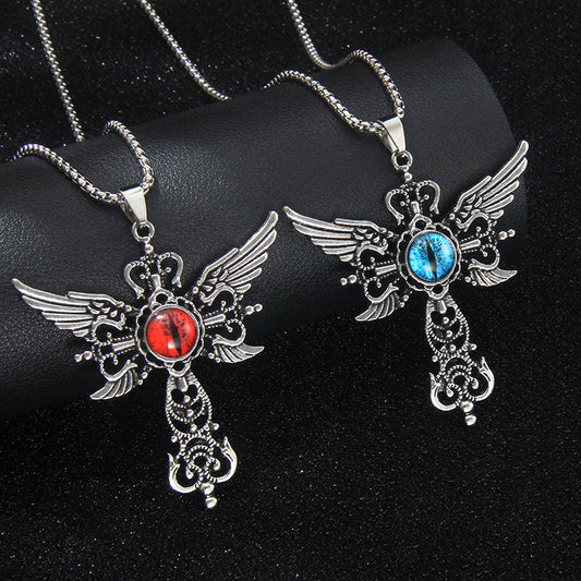 European and American natural blue devil eye pendant jewelry creative devil wings cross necklace