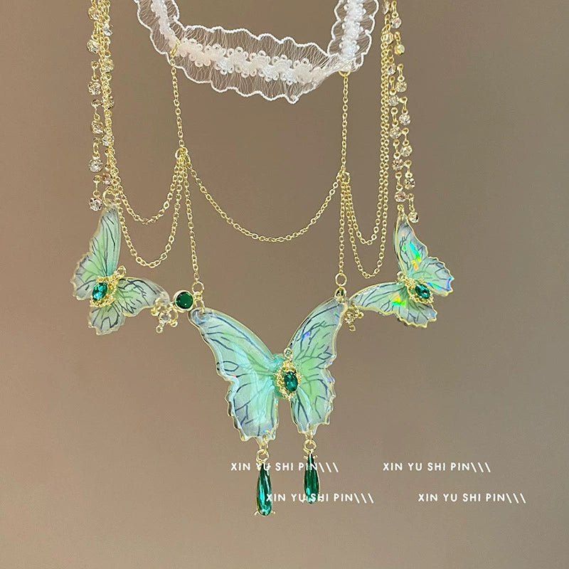 Pure desire style! Lace green butterfly tassel leg chain female niche forest style sweet cool hot girl body chain personality accessories